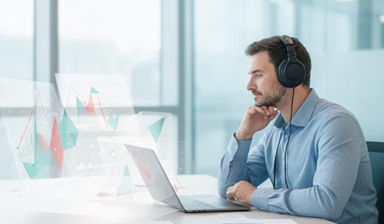Financieel adviseur met koptelefoon aan een bureau met rentecharts en notities in een helder kantoor