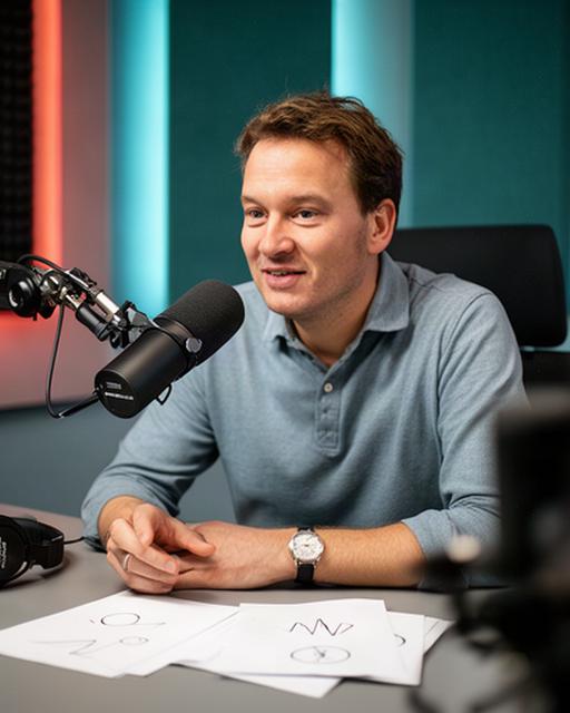 Economische podcastpresentator in een opnamekamer in Roermond met microfoon en notities
