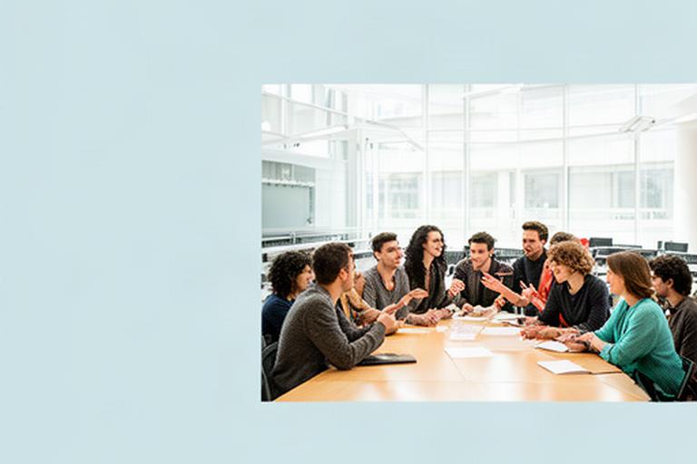 Studenten economie bespreken rente en inflatie aan een lange tafel in een lichte collegezaal
