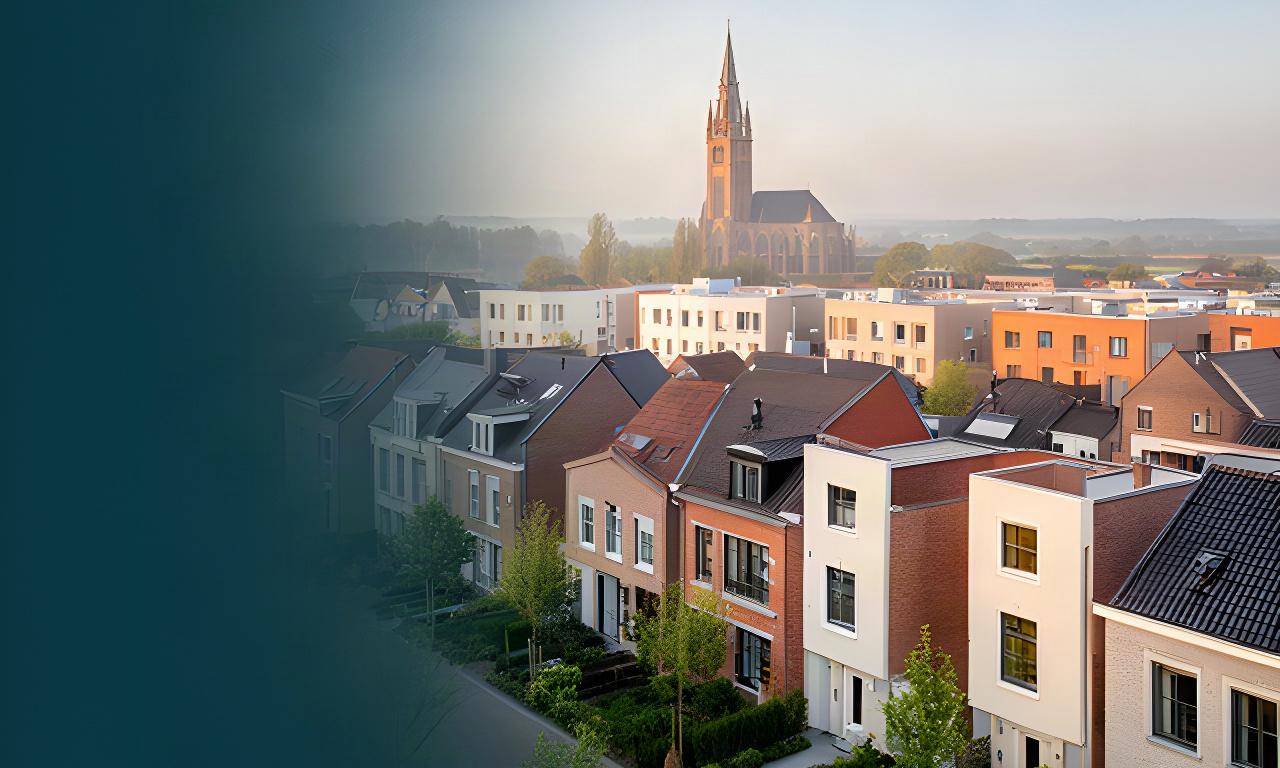 Rij Limburgse woningen bij zacht ochtendlicht met een nieuwbouwwijk en kerktoren van Roermond op de achtergrond