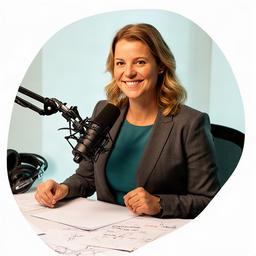 Sabra Claeys aan een microfoon in de economische podcaststudio met notities op tafel