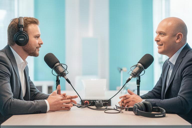 Zakelijke gesprekspartners bespreken een economische podcast in een lichte studio in Roermond